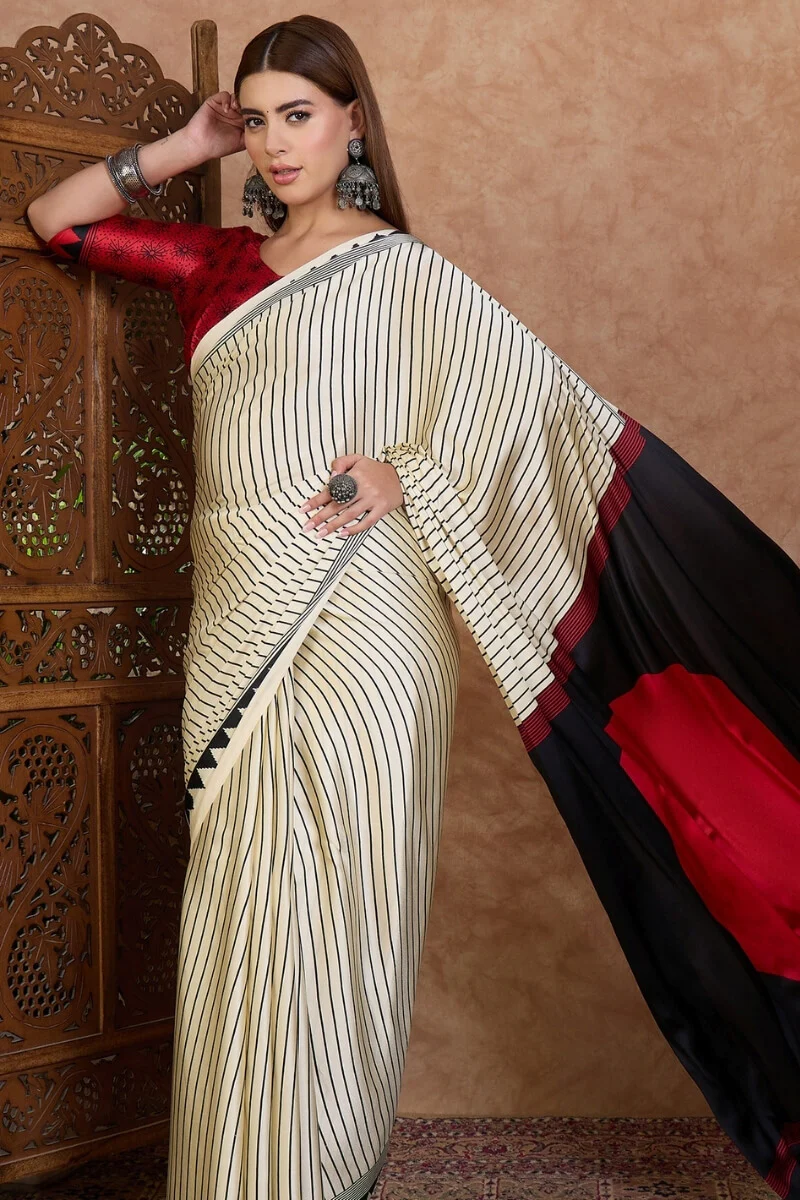 Artistic Off White Ajrakh Printed Semi Modal Silk Saree With Sempiternal Blouse Piece - Image 6