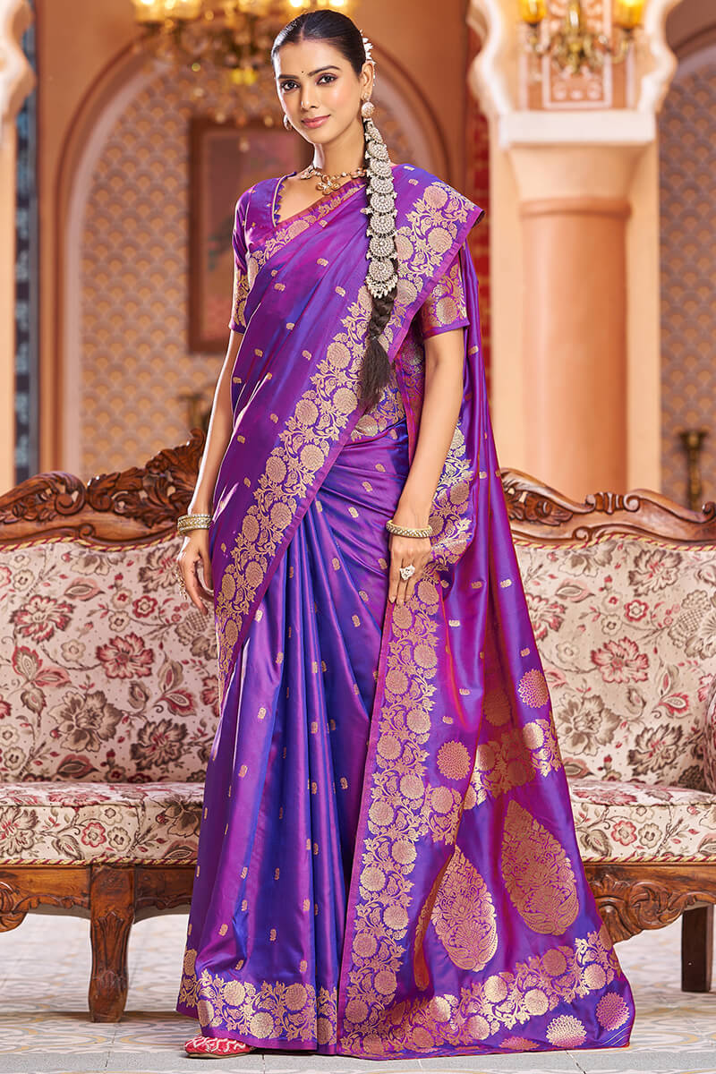 Artistic Purple Soft Banarasi Silk Saree With Dissemble Blouse Piece - Image 3