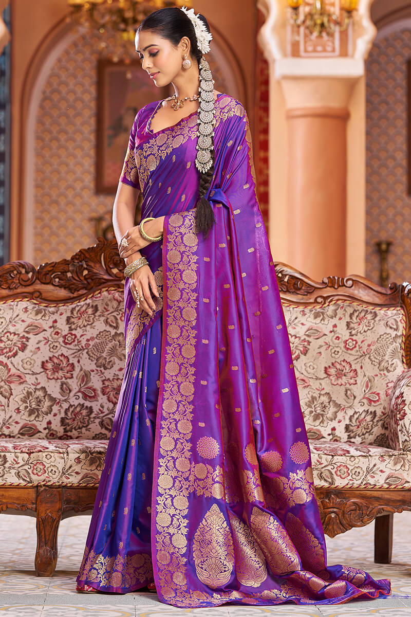 Artistic Purple Soft Banarasi Silk Saree With Dissemble Blouse Piece - Image 4