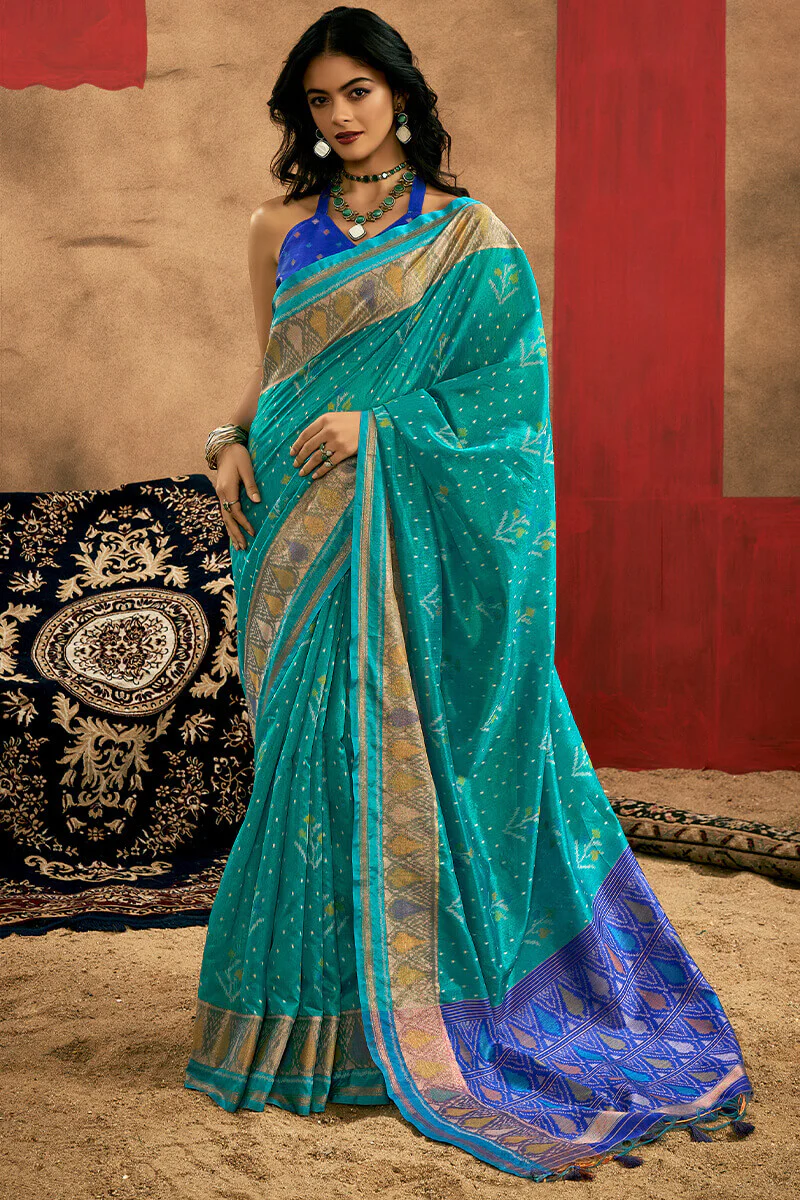 Artistic Turquoise Soft Banarasi Silk Saree With Beautiful Blouse Piece