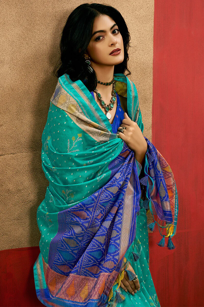 Artistic Turquoise Soft Banarasi Silk Saree With Beautiful Blouse Piece - Image 2