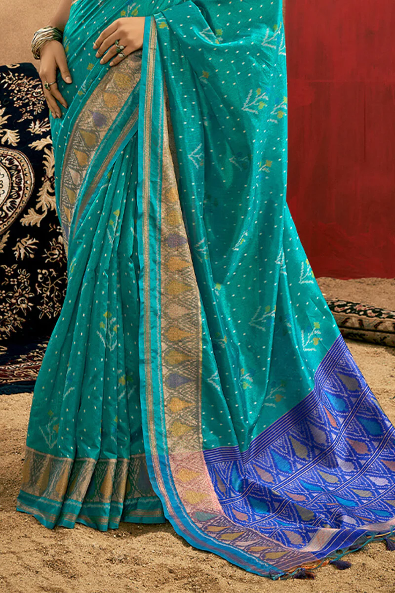Artistic Turquoise Soft Banarasi Silk Saree With Beautiful Blouse Piece - Image 3