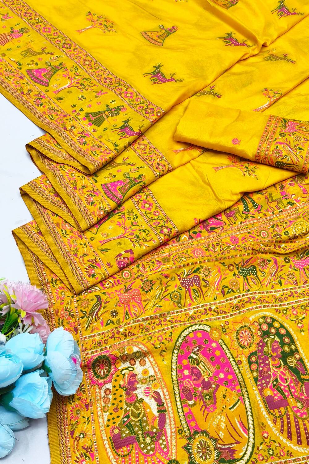 Artistic Yellow Nylon Dola Pashmina Saree With Lagniappe Blouse Piece - Image 3