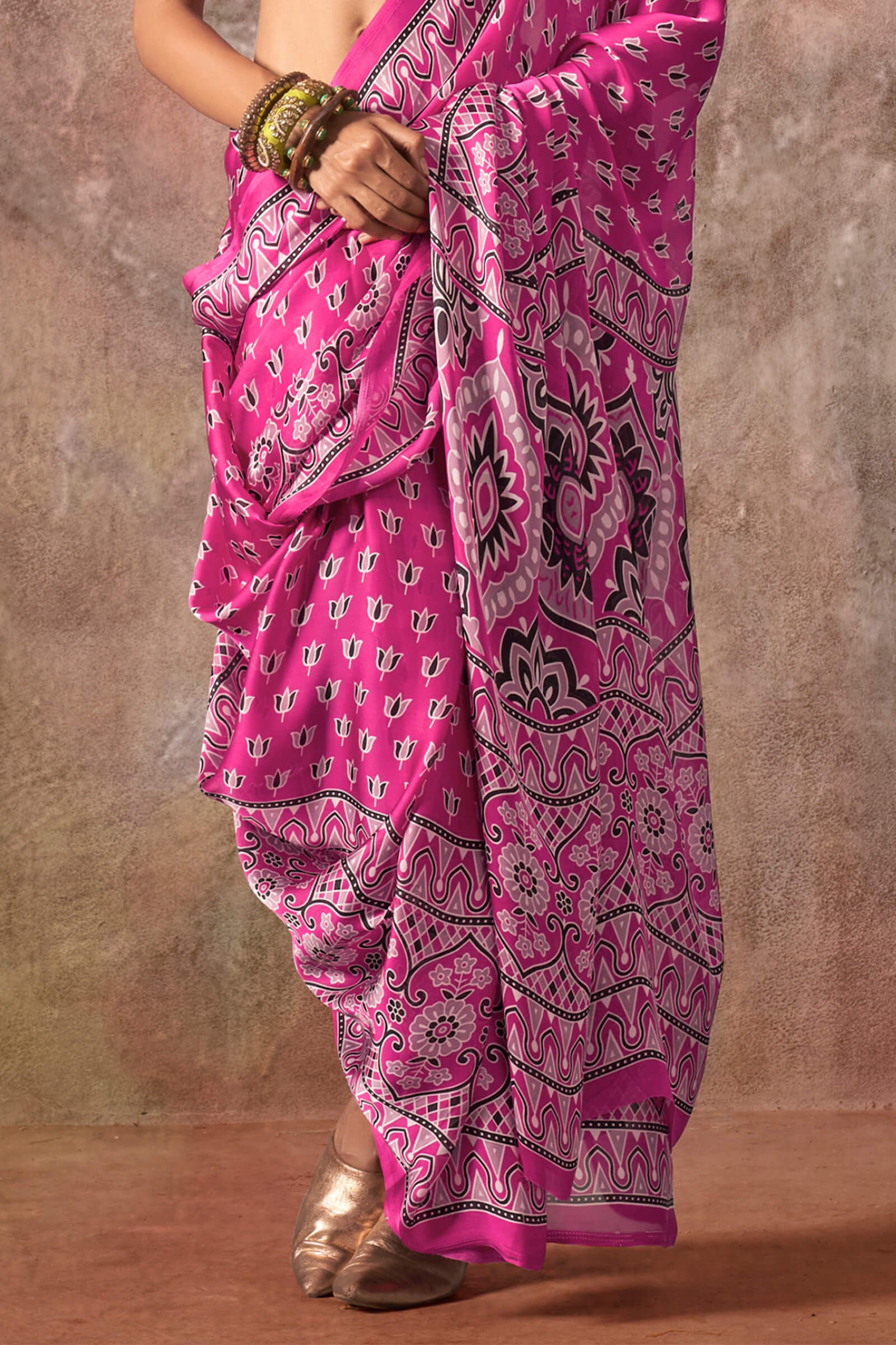 Assemblage Dark Pink Ajrakh Printed Satin Silk Saree With Sophisticated Blouse Piece - Image 2