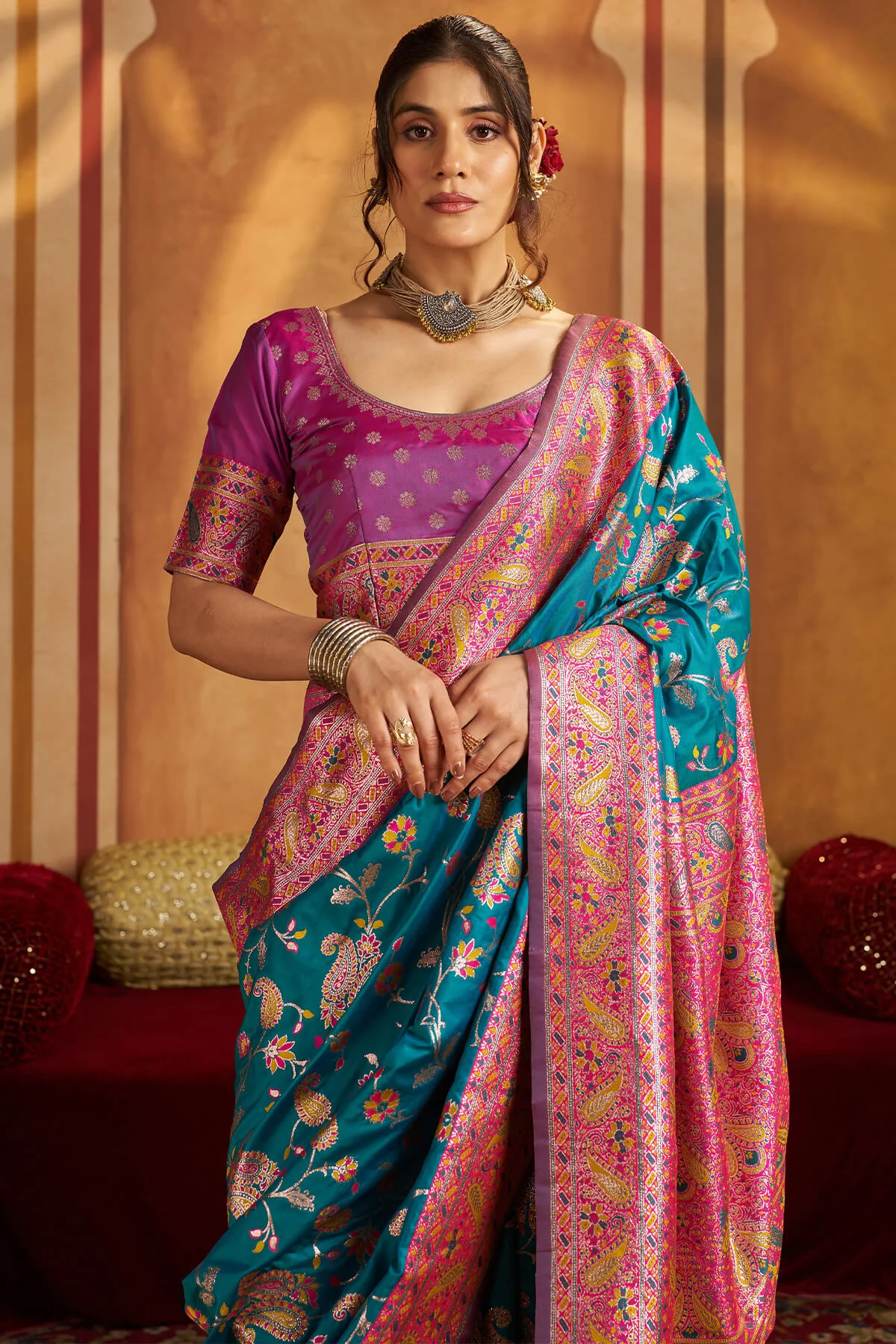 Assemblage Firozi Pure Zari Weaving Banarasi Silk Saree With Ravishing Blouse Piece - Image 4