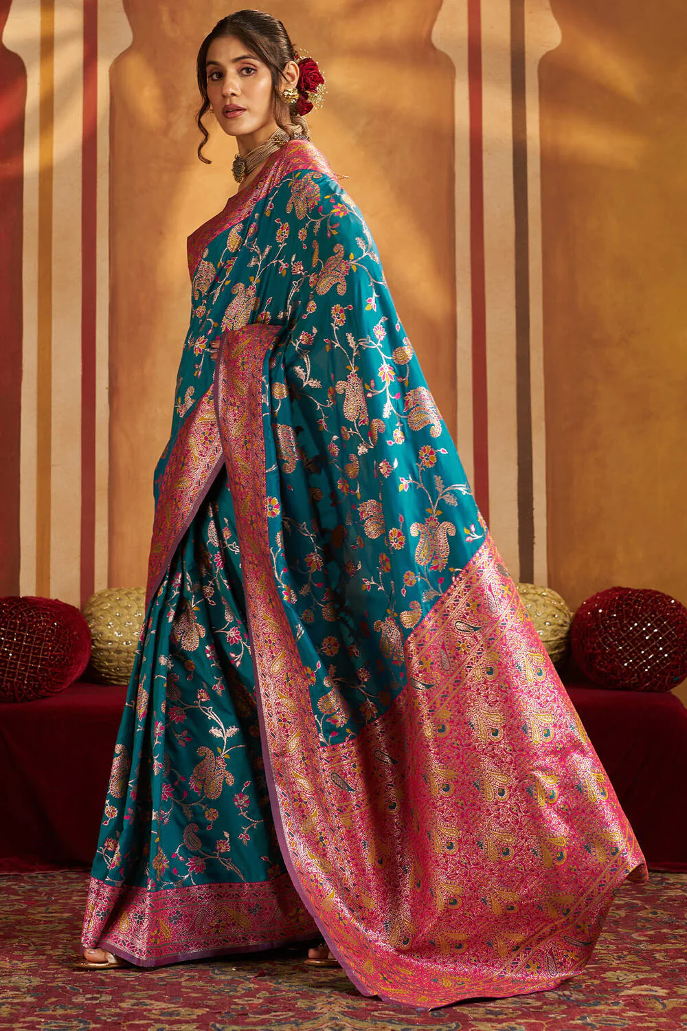 Assemblage Firozi Pure Zari Weaving Banarasi Silk Saree With Ravishing Blouse Piece - Image 5