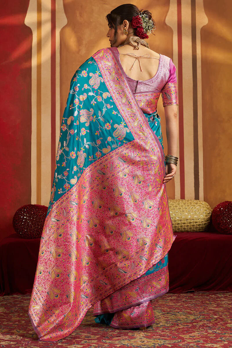 Assemblage Firozi Pure Zari Weaving Banarasi Silk Saree With Ravishing Blouse Piece - Image 6