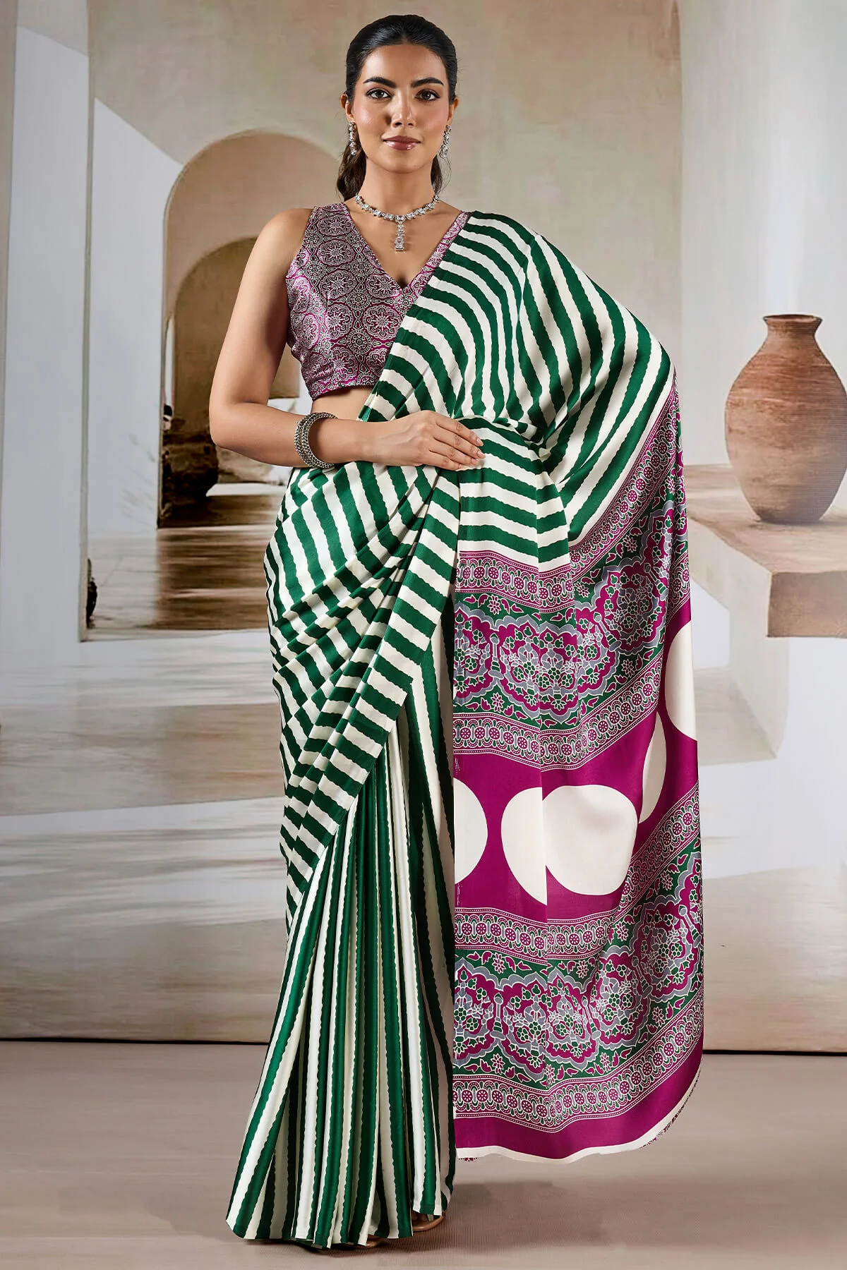 Assemblage Green Ajrakh Printed Satin Silk Saree With Felicitous Blouse Piece
