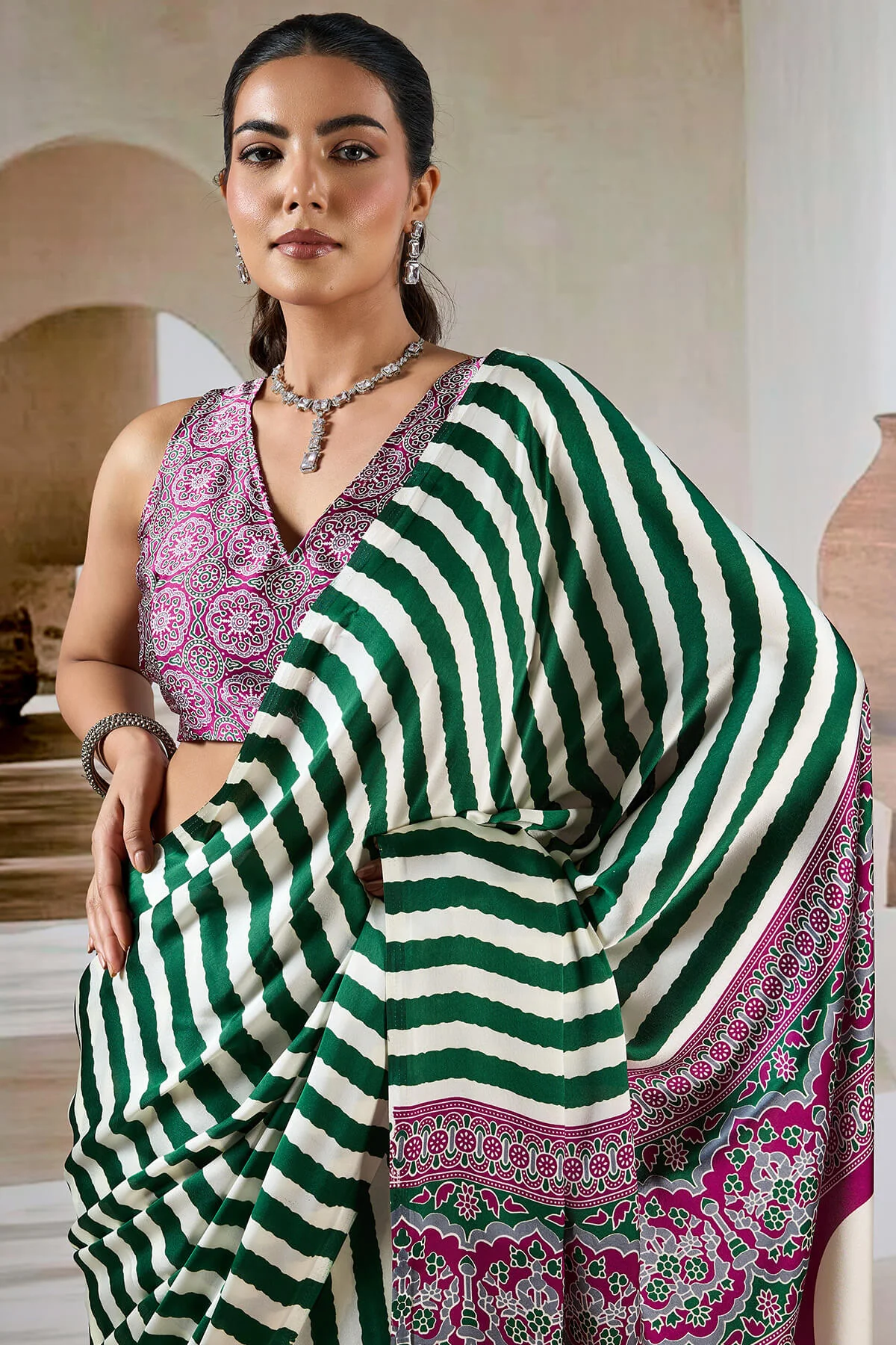 Assemblage Green Ajrakh Printed Satin Silk Saree With Felicitous Blouse Piece - Image 2