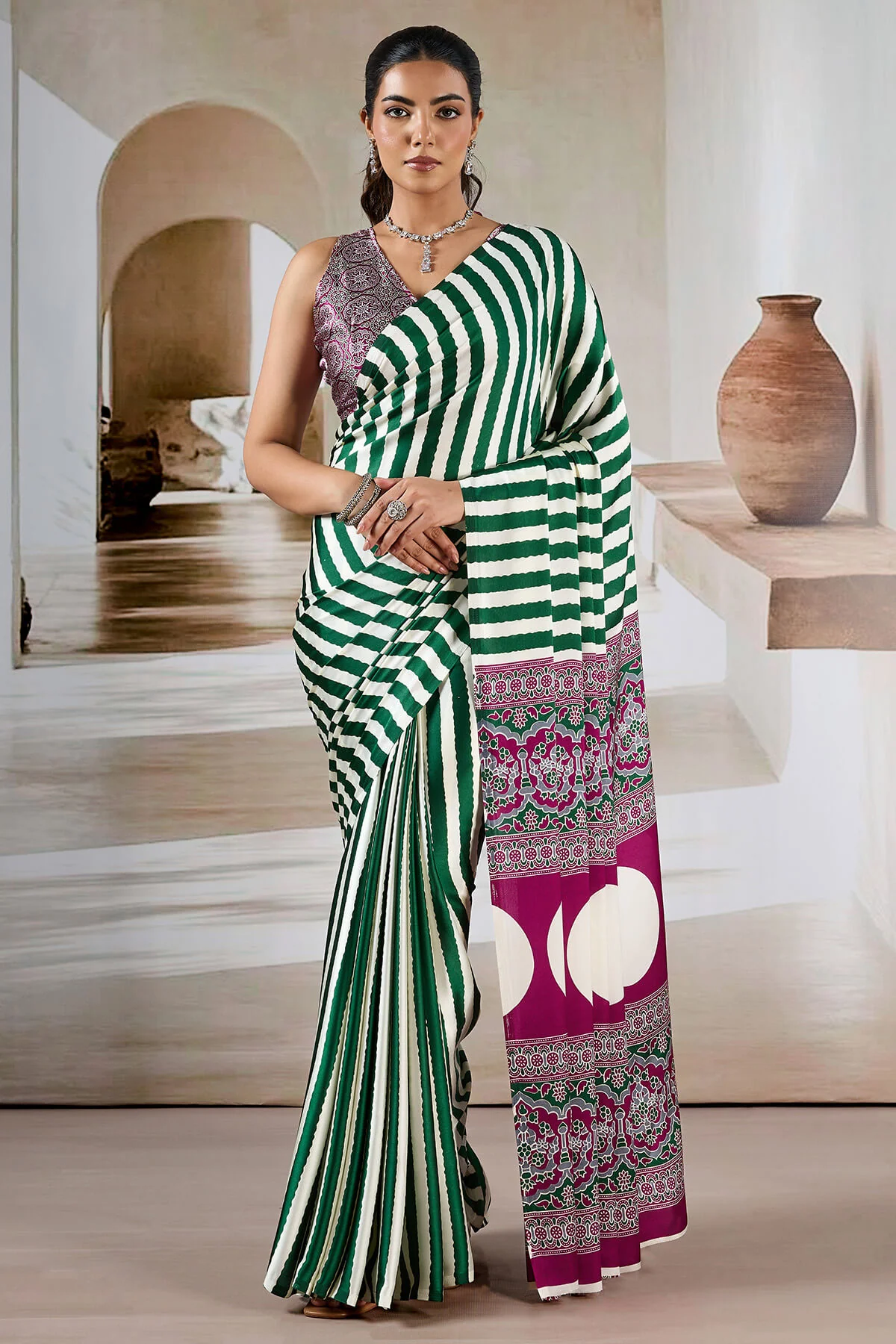 Assemblage Green Ajrakh Printed Satin Silk Saree With Felicitous Blouse Piece - Image 3