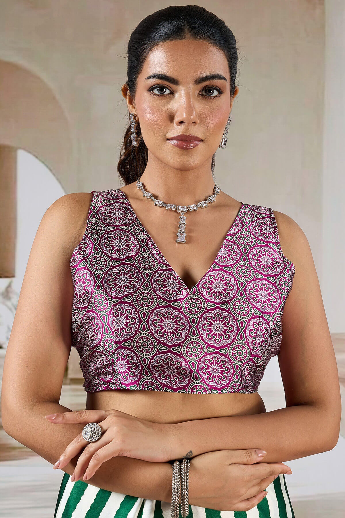 Assemblage Green Ajrakh Printed Satin Silk Saree With Felicitous Blouse Piece - Image 4