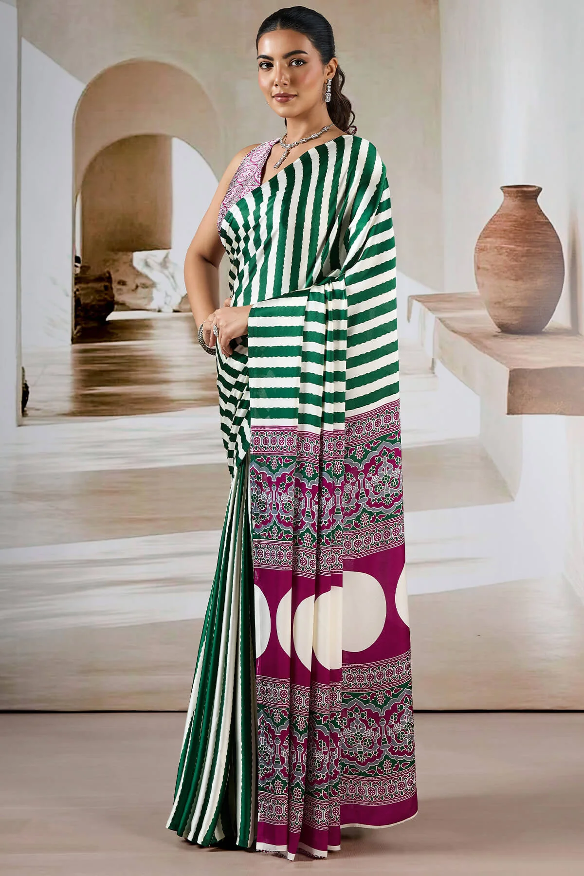 Assemblage Green Ajrakh Printed Satin Silk Saree With Felicitous Blouse Piece - Image 5