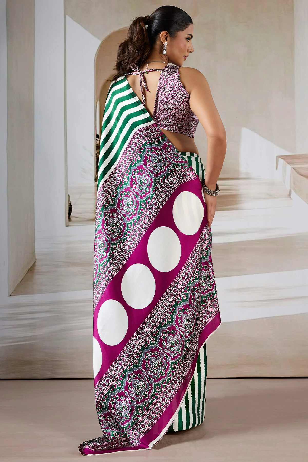 Assemblage Green Ajrakh Printed Satin Silk Saree With Felicitous Blouse Piece - Image 6