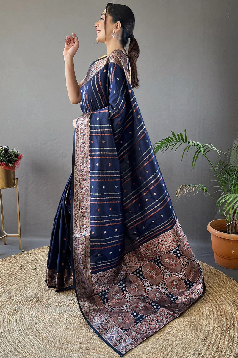 Assemblage Navy Blue Soft Banarasi Silk Saree With Beauteous Blouse Piece - Image 3