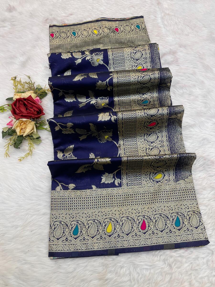 Assemblage Navy Blue Soft Banarasi Silk Saree With Classy Blouse Piece - Image 2