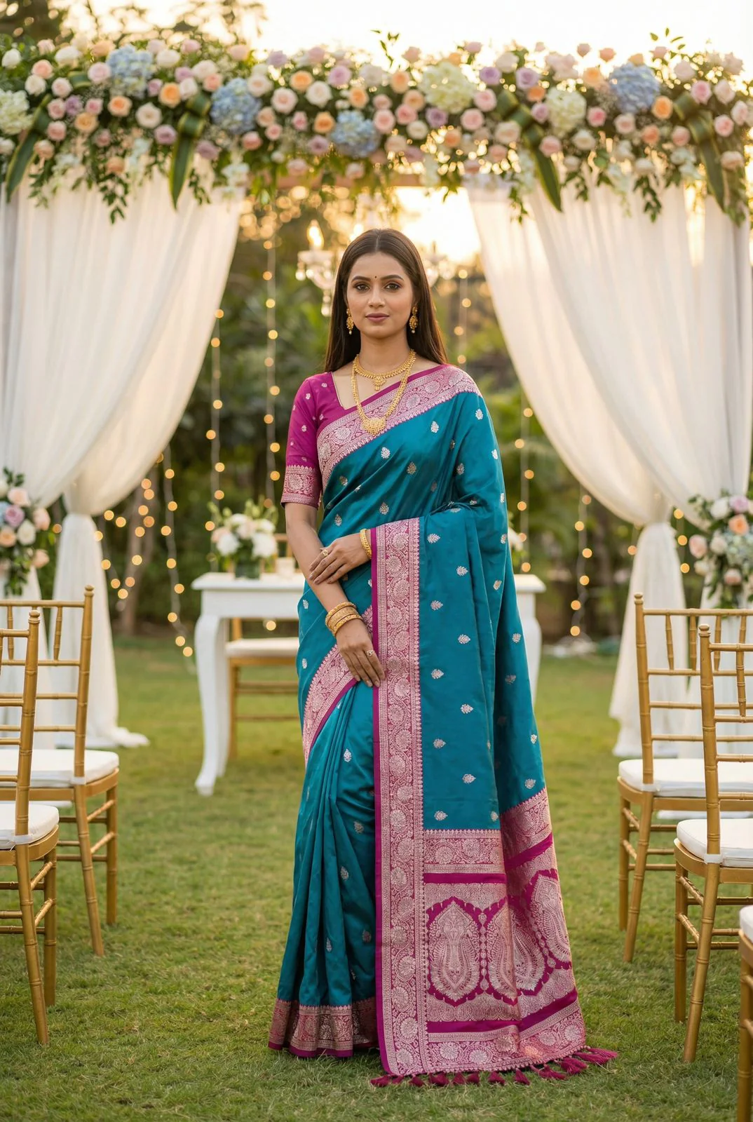 Assemblage Rama Pure Zari Weaving Banarasi Silk Saree With Panoply Blouse Piece