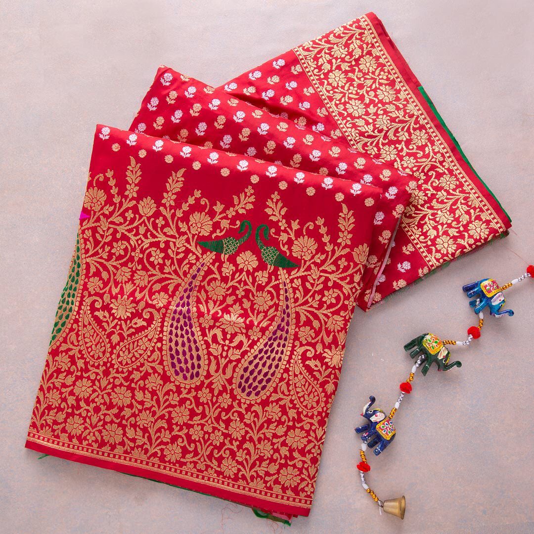 Assemblage Red Soft Banarasi Silk Saree With Demesne Two Blouse Piece - Image 3