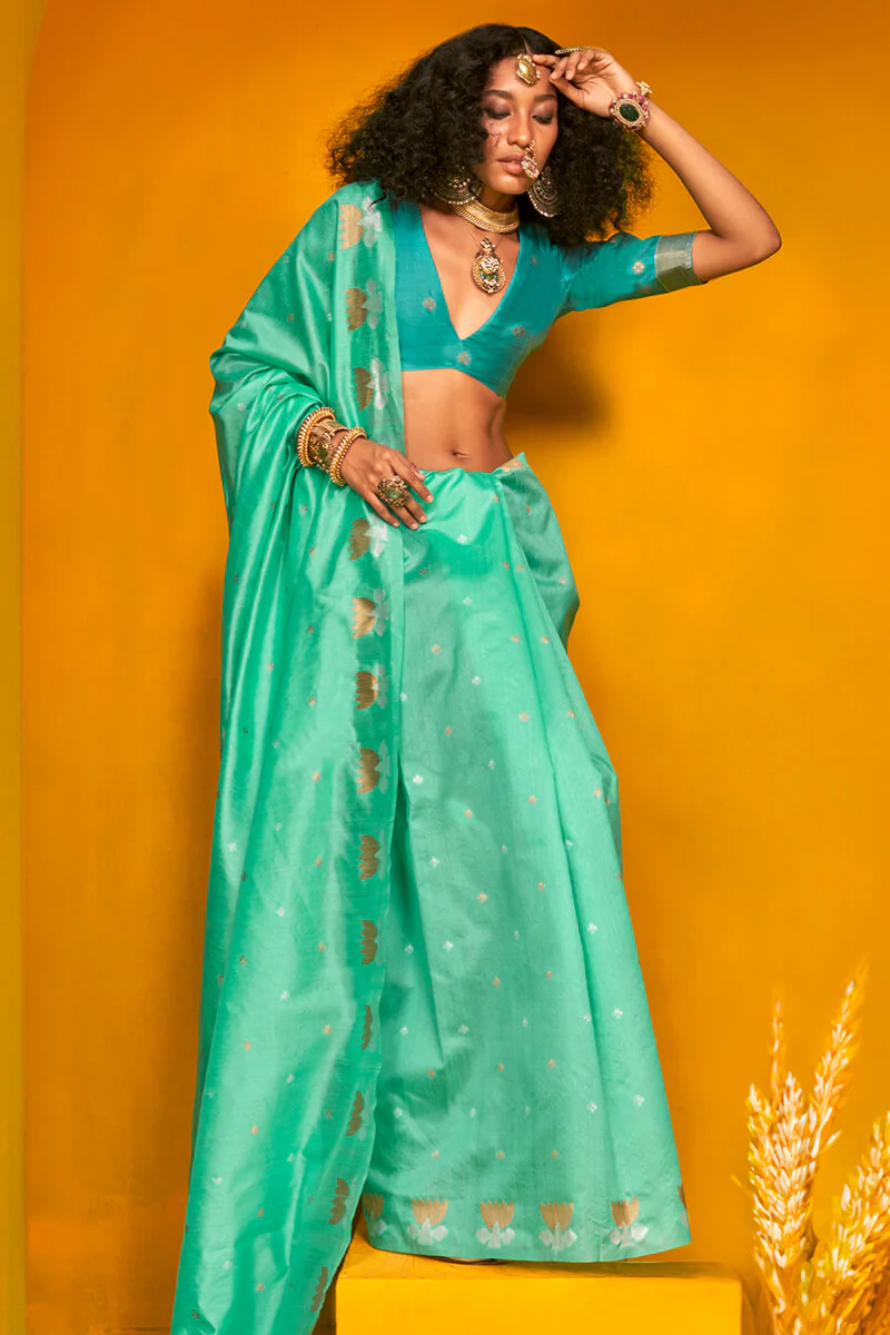 Assemblage Turquoise  Soft Banarasi Silk Saree With Epiphany Blouse Piece - Image 2