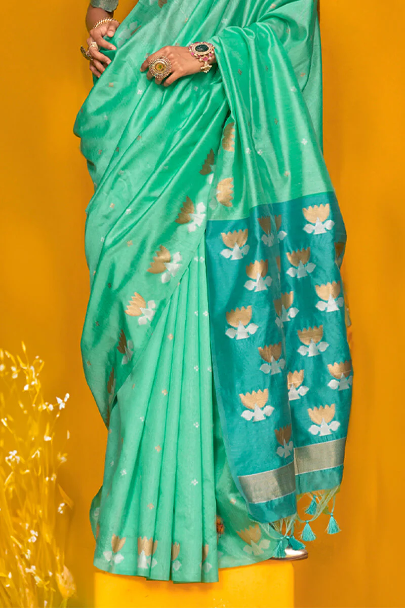 Assemblage Turquoise  Soft Banarasi Silk Saree With Epiphany Blouse Piece - Image 3