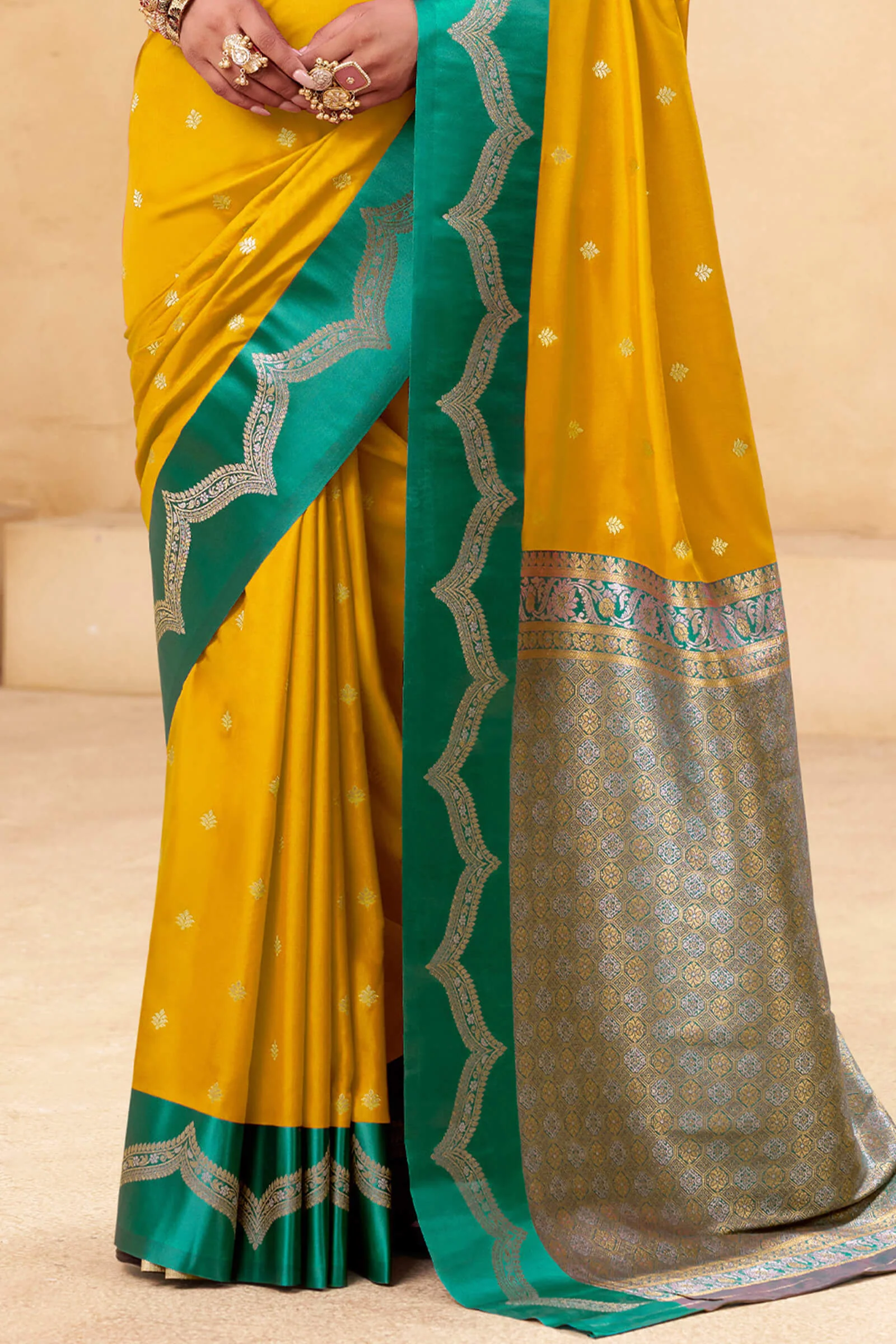 Assemblage Yellow Banarasi Satin Silk Saree With Charismatic Blouse - Image 3