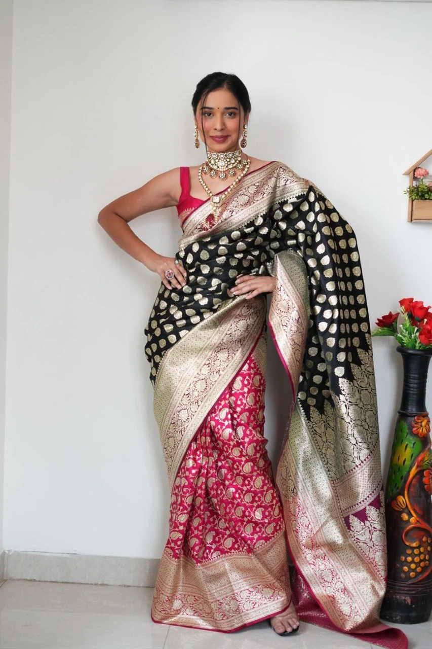 Attractive 1-Minute Ready To Wear Black Soft Silk Saree - Image 5
