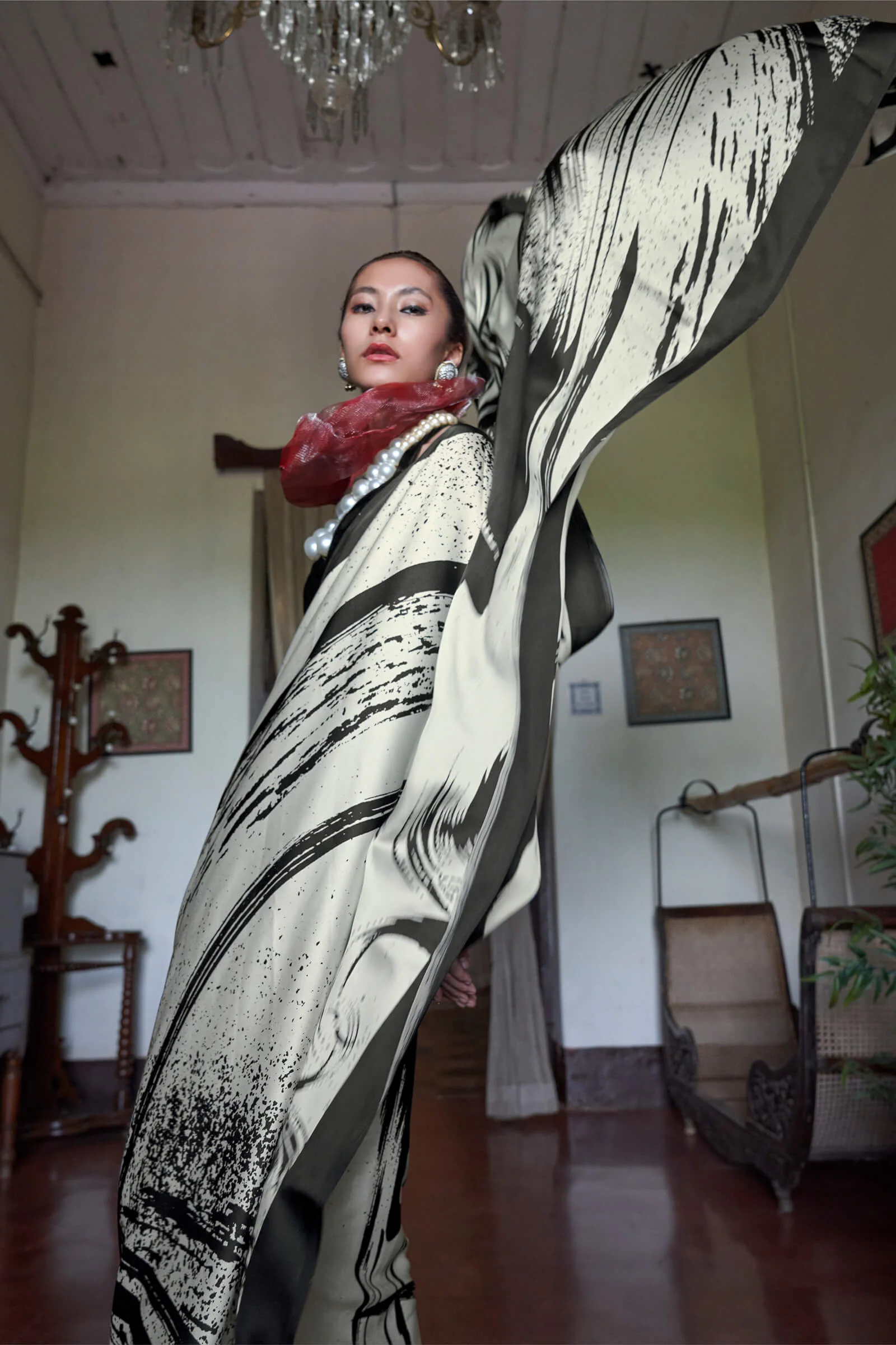 Attractive Beige and Black Digital Printed Satin Silk Saree With Phenomenal Blouse Piece - Image 3