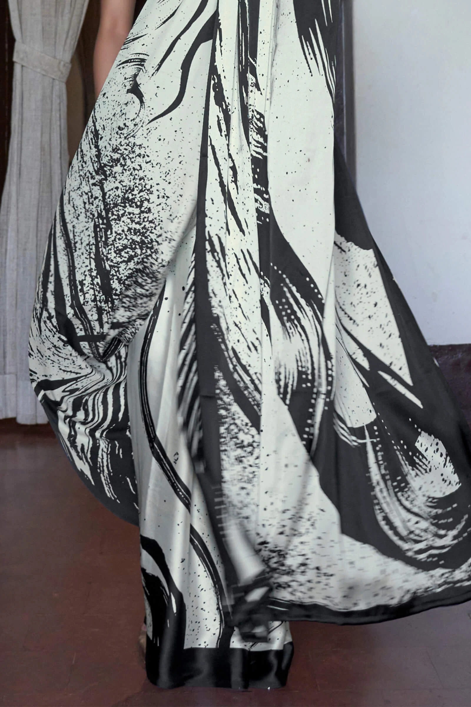Attractive Beige and Black Digital Printed Satin Silk Saree With Phenomenal Blouse Piece - Image 4