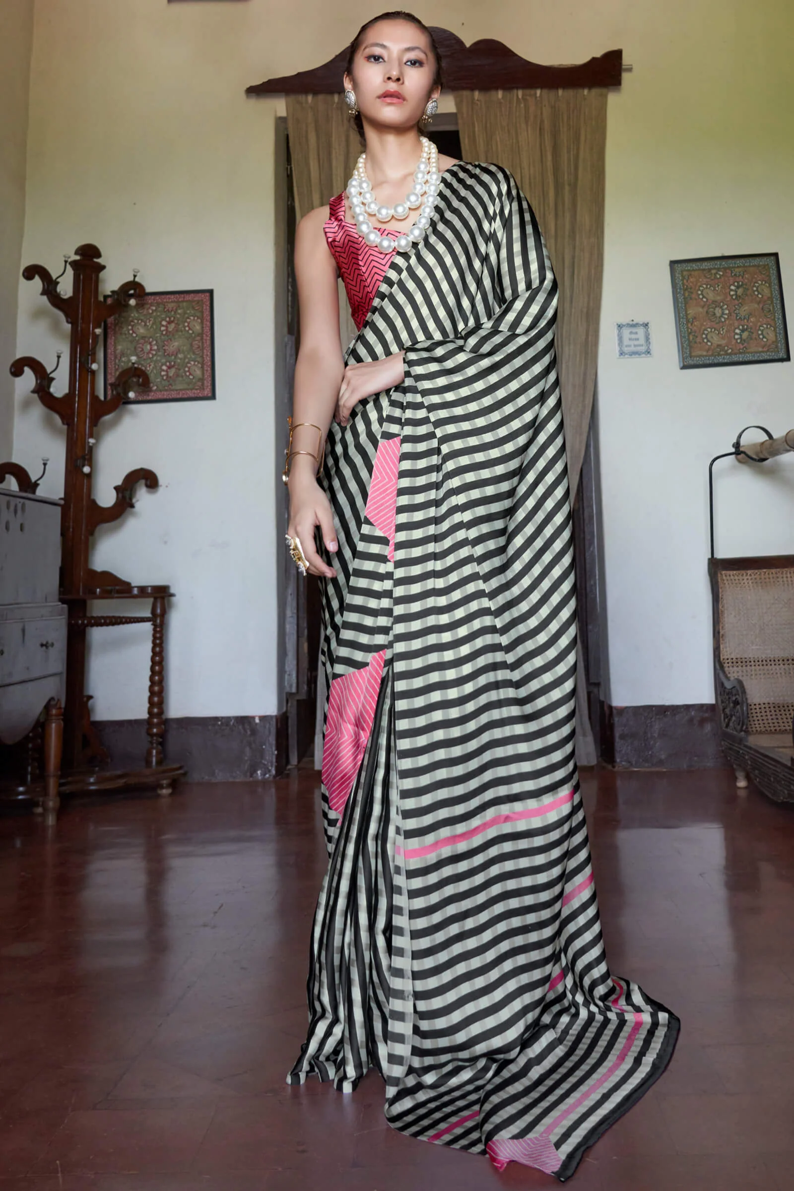 Attractive Beige and Black Digital Printed Satin Silk Saree With Pulsating Blouse Piece