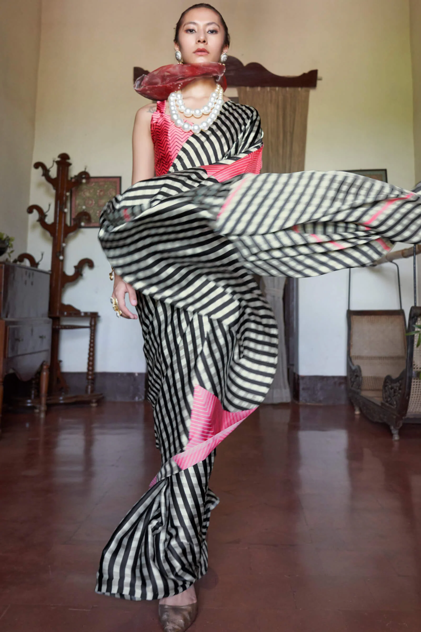 Attractive Beige and Black Digital Printed Satin Silk Saree With Pulsating Blouse Piece - Image 2