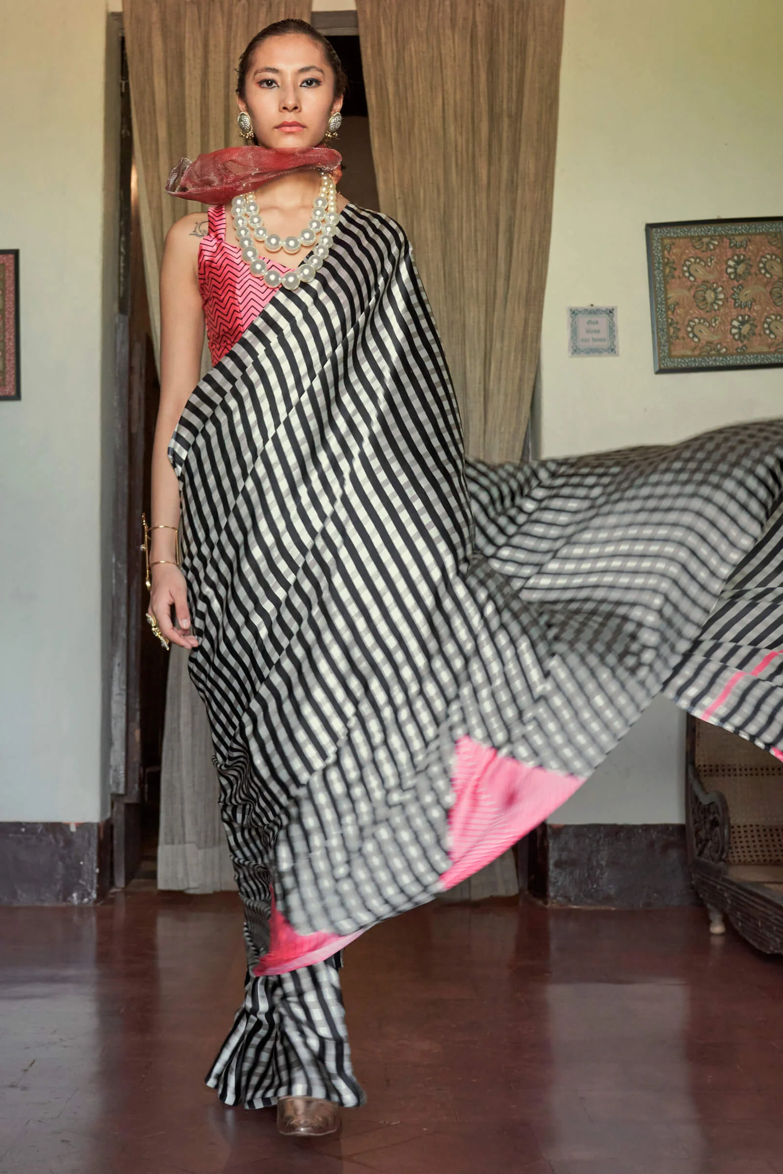Attractive Beige and Black Digital Printed Satin Silk Saree With Pulsating Blouse Piece - Image 3