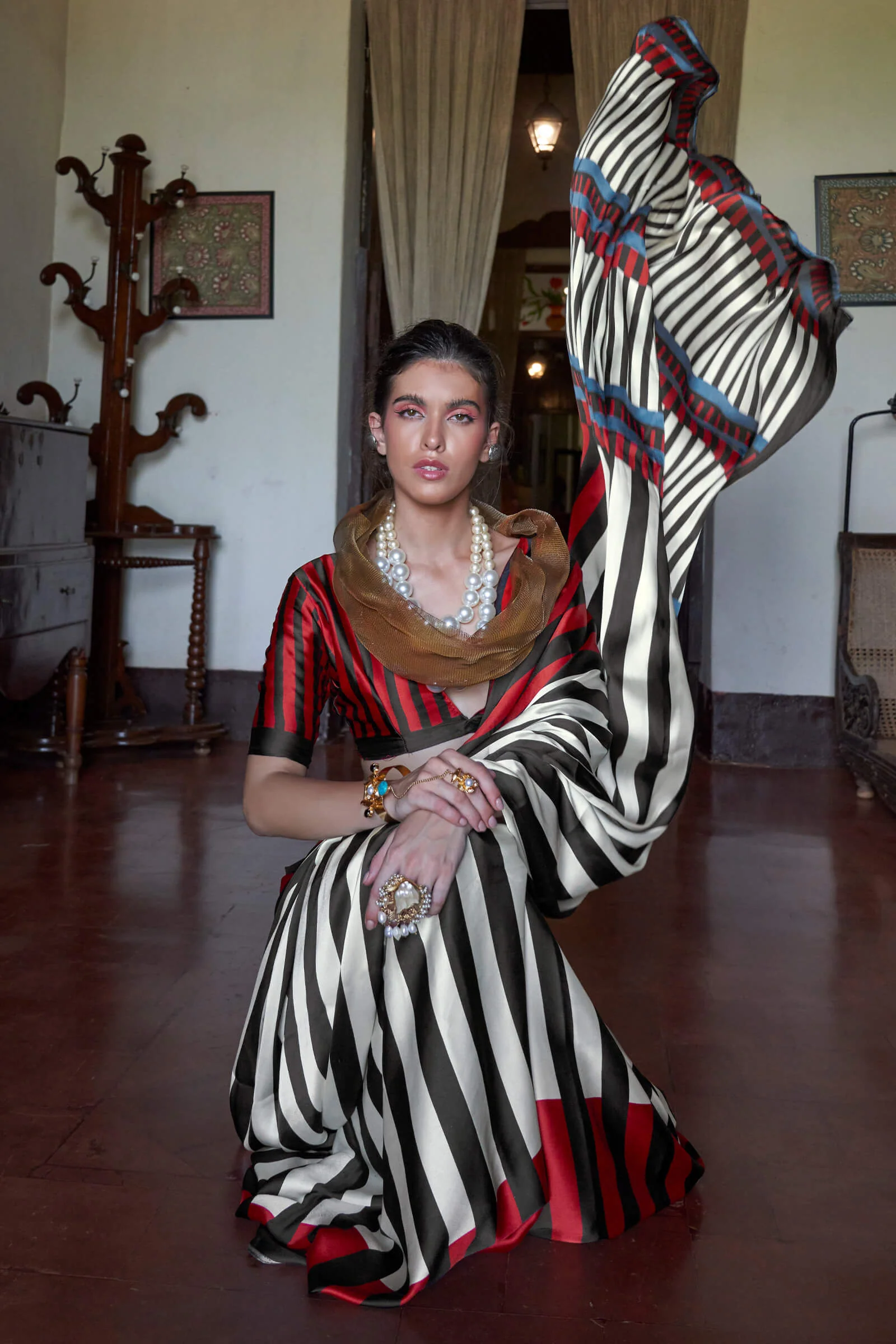 Attractive Beige and Black Digital Printed Satin Silk Saree With Super classy Blouse Piece - Image 2