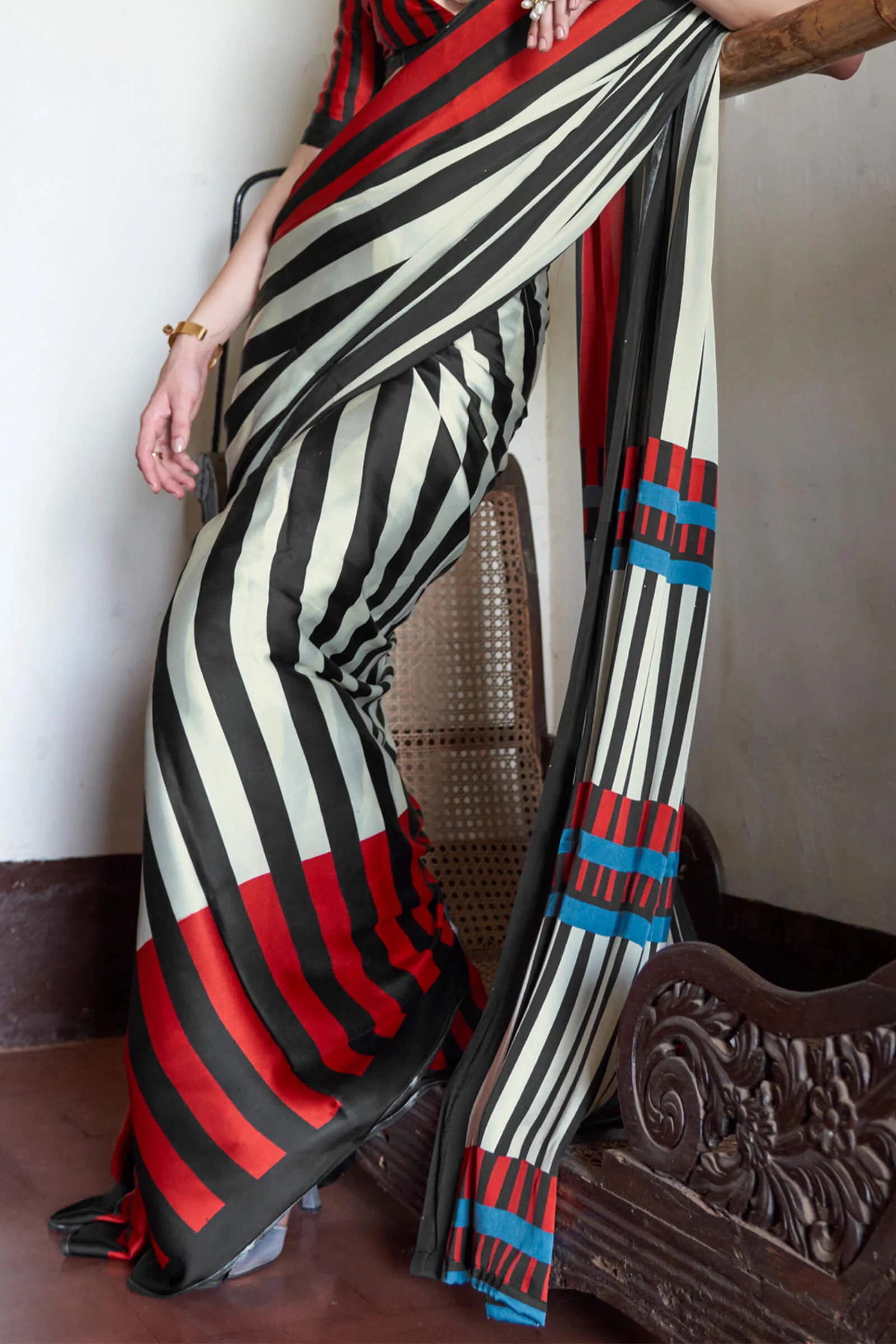 Attractive Beige and Black Digital Printed Satin Silk Saree With Super classy Blouse Piece - Image 3