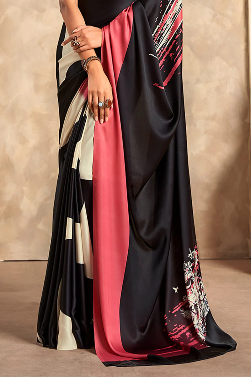 Attractive Black Digital Printed Satin Silk Saree With Skinny Blouse Piece - Image 3