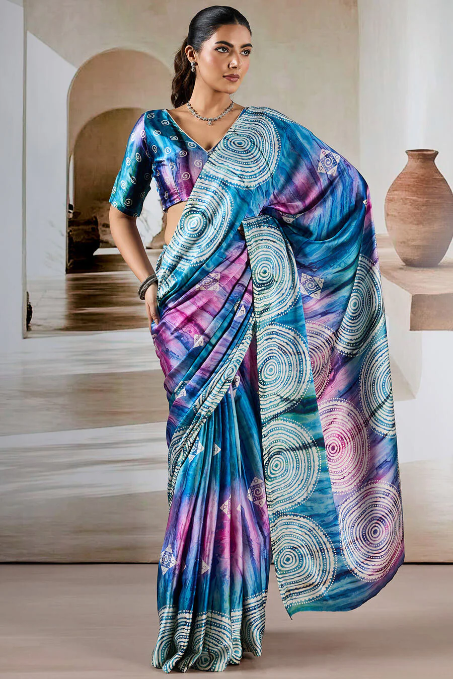 Attractive Blue Digital Printed Satin Silk Saree With Fantabulous Blouse Piece - Image 3