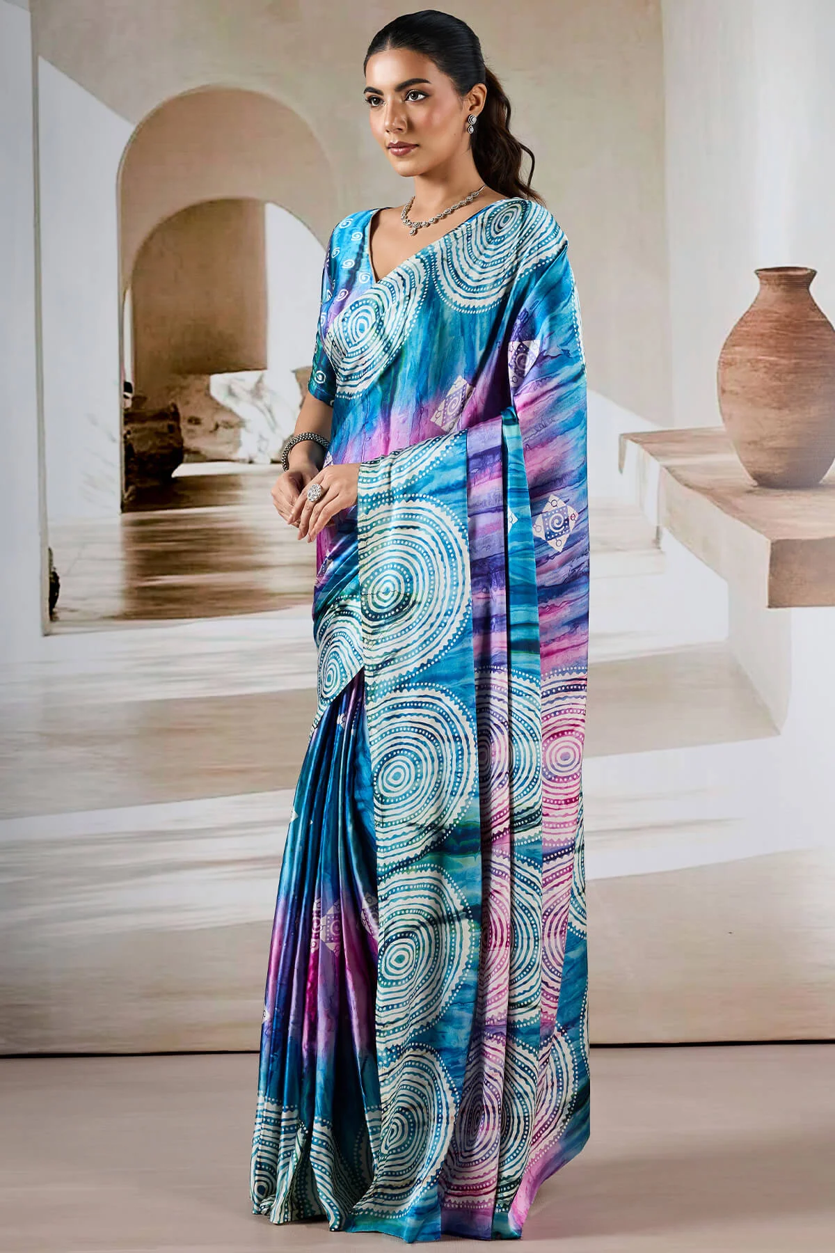Attractive Blue Digital Printed Satin Silk Saree With Fantabulous Blouse Piece - Image 5