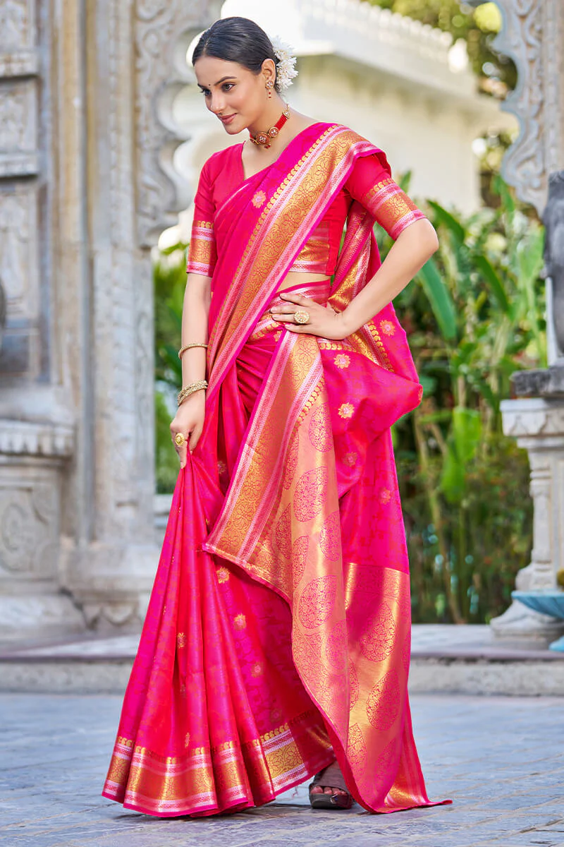 Attractive Dark Pink Kanjivaram Silk Saree With Ideal Blouse Piece - Image 4