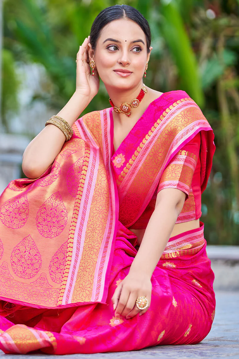 Attractive Dark Pink Kanjivaram Silk Saree With Ideal Blouse Piece - Image 5