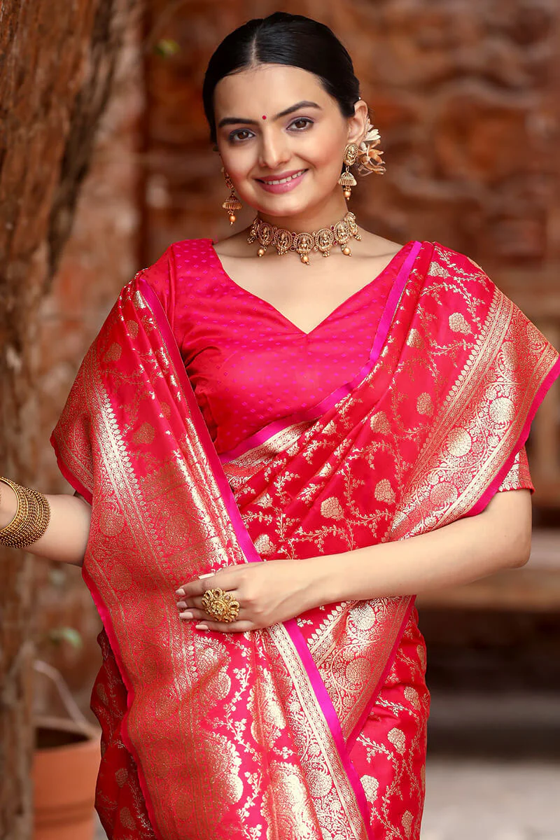 Attractive Dark Pink Soft Banarasi Silk Saree With Amazing Blouse Piece - Image 2