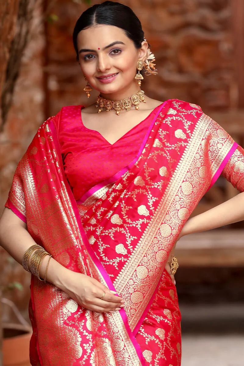 Attractive Dark Pink Soft Banarasi Silk Saree With Amazing Blouse Piece - Image 6