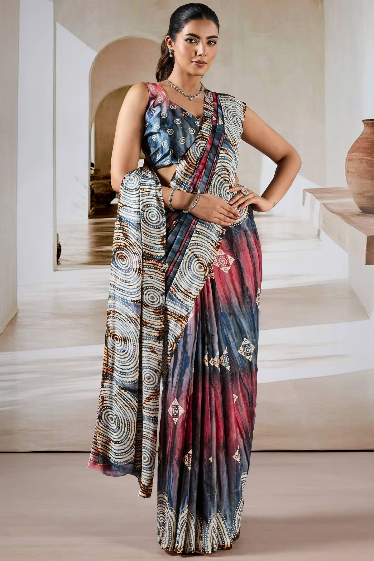 Attractive Grey Digital Printed Satin Silk Saree With Deserving Blouse Piece - Image 5