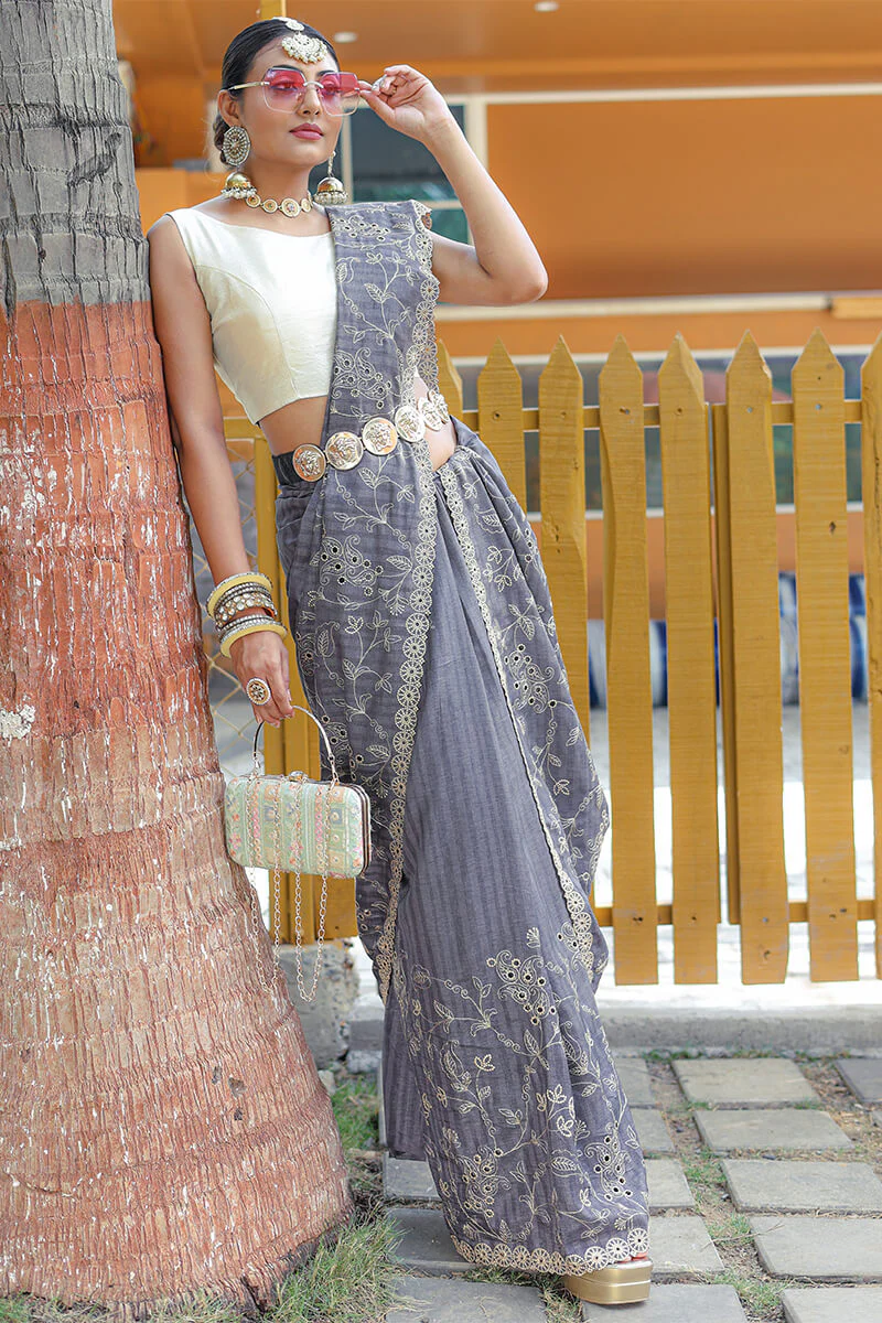 Attractive Grey Embroidery Work Soft Silk Saree With Dazzling Blouse Piece - Image 3