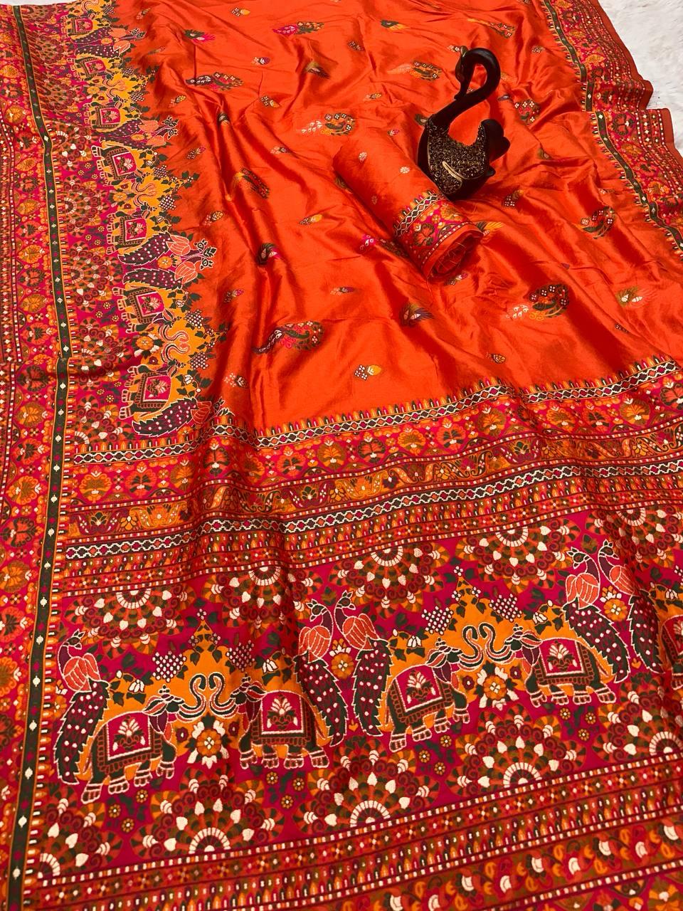Attractive Orange Pashmina Saree With Sumptuous Blouse Piece - Image 3