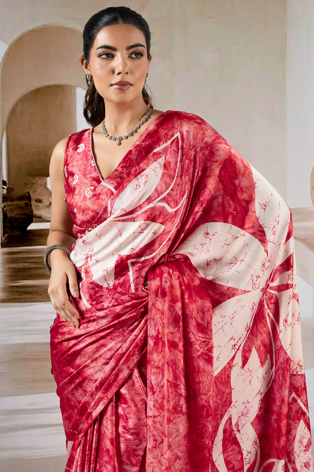 Attractive Red Digital Printed Satin Silk Saree With Nebula Blouse Piece - Image 2