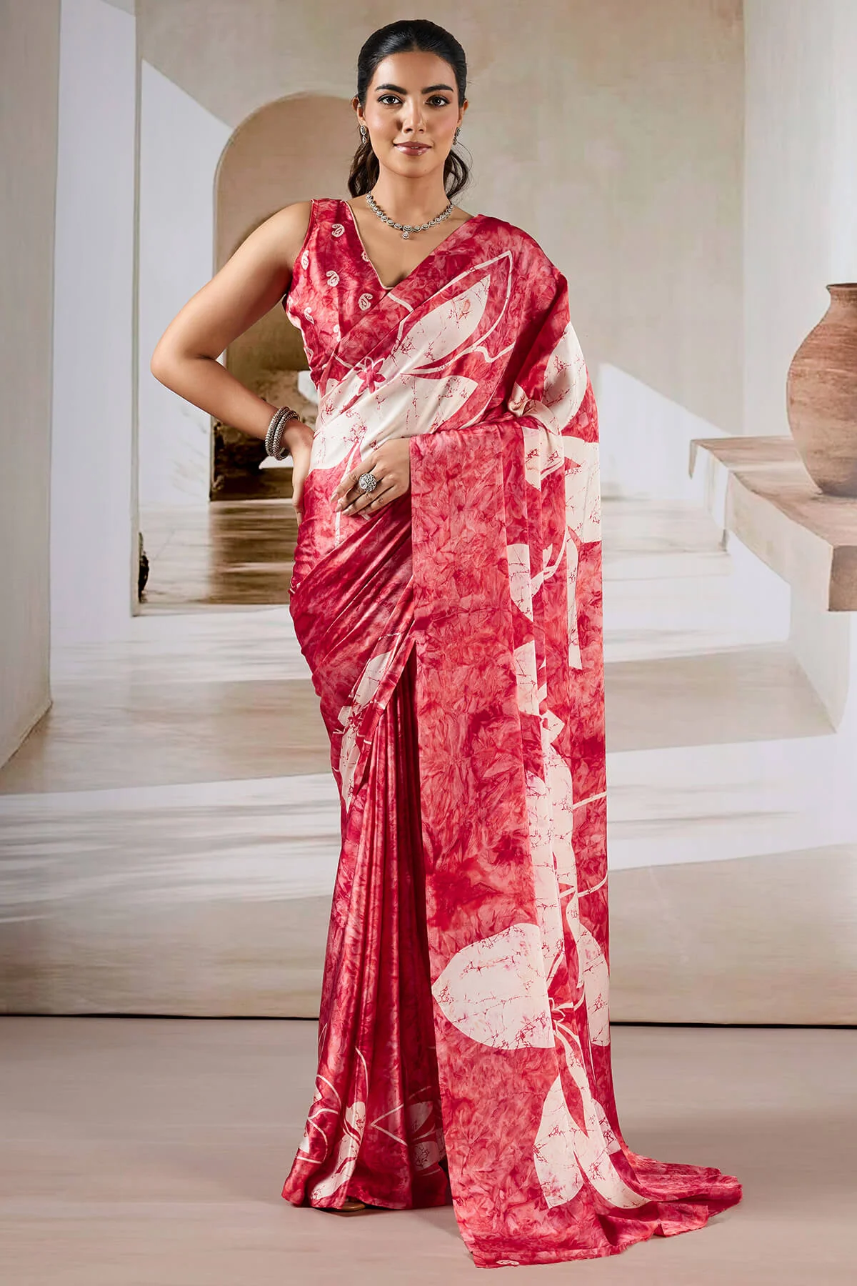 Attractive Red Digital Printed Satin Silk Saree With Nebula Blouse Piece - Image 3