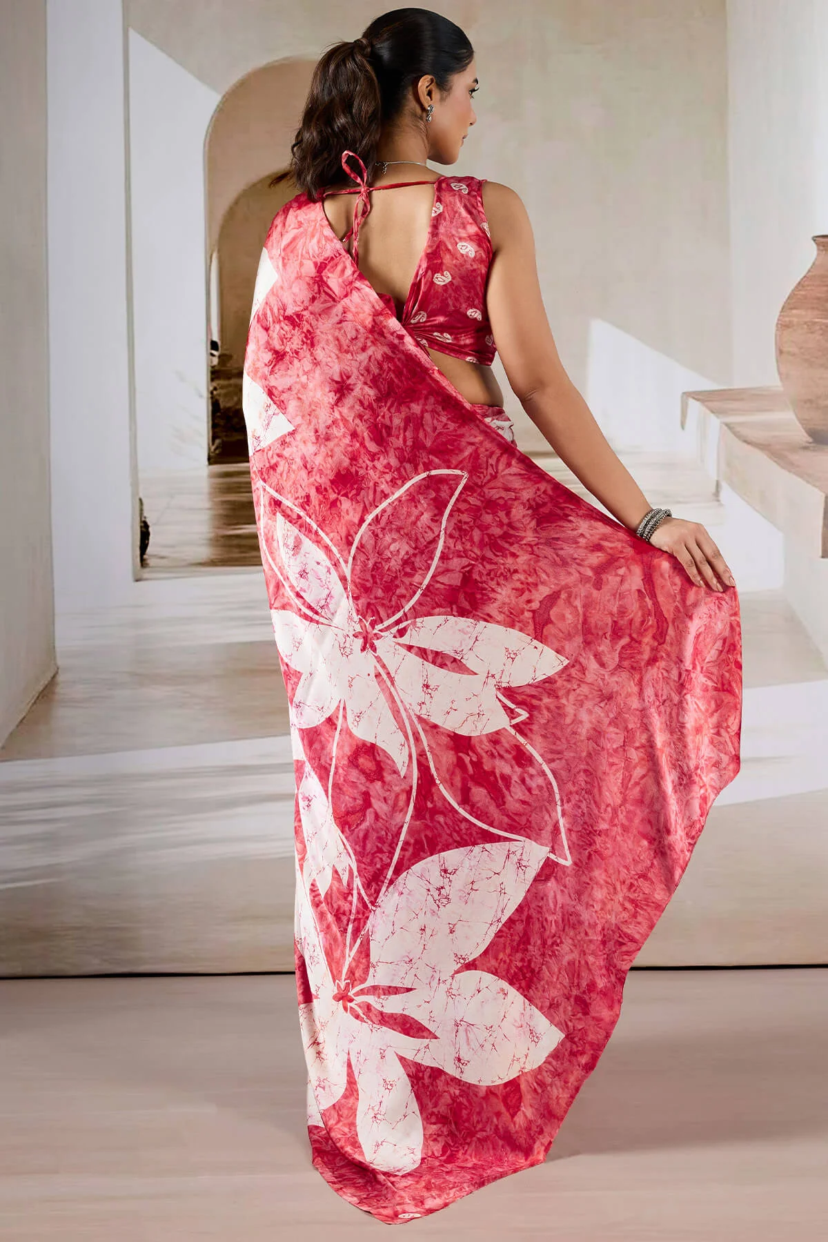 Attractive Red Digital Printed Satin Silk Saree With Nebula Blouse Piece - Image 6