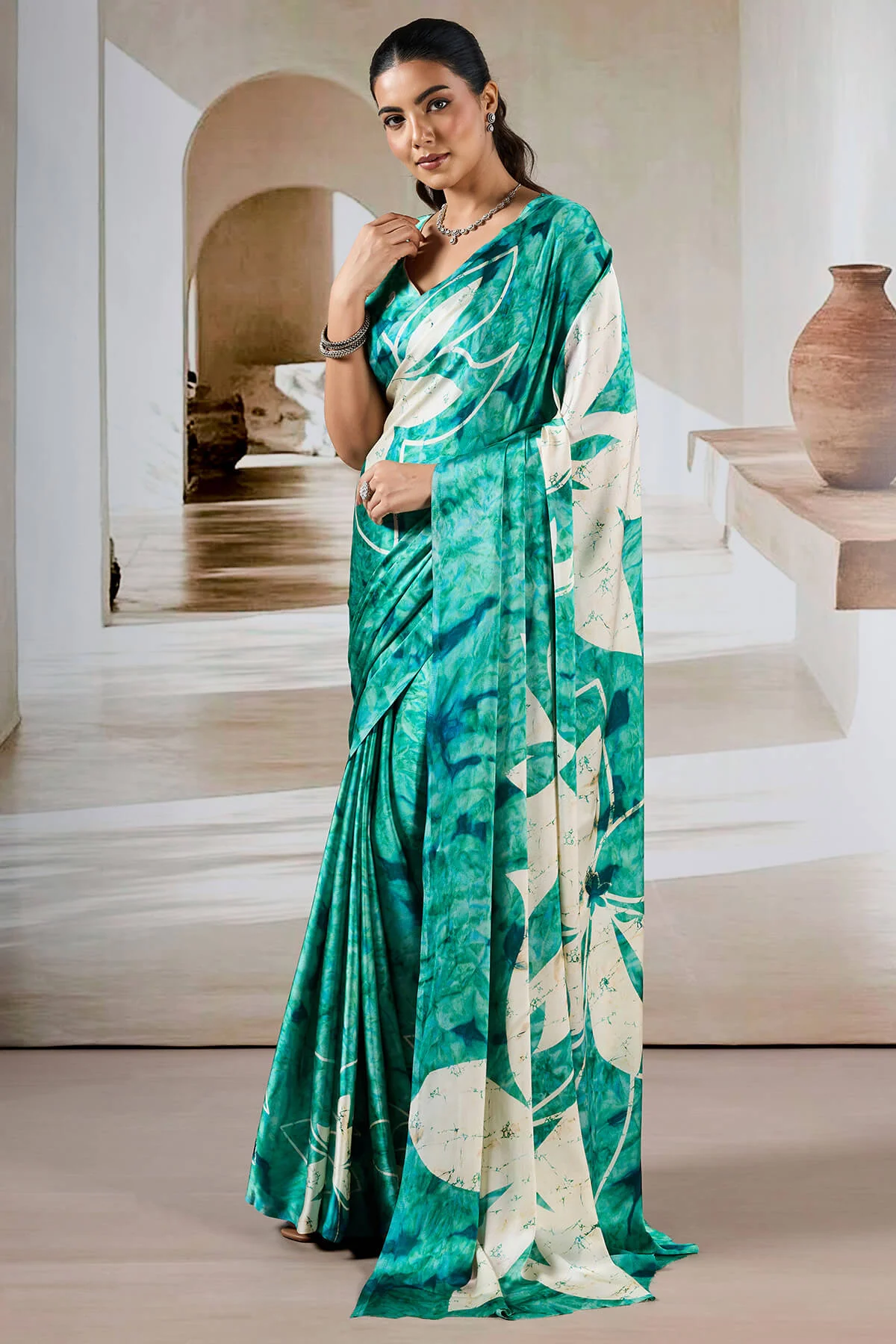 Attractive Turquoise Digital Printed Satin Silk Saree With Amazing Blouse Piece - Image 4