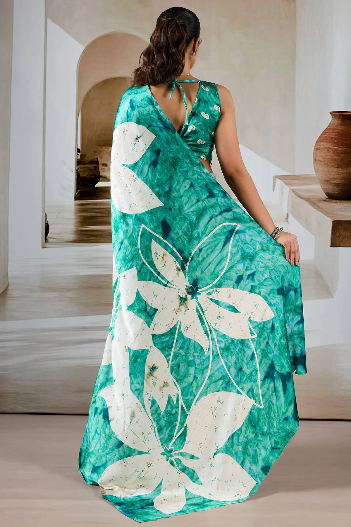 Attractive Turquoise Digital Printed Satin Silk Saree With Amazing Blouse Piece - Image 6