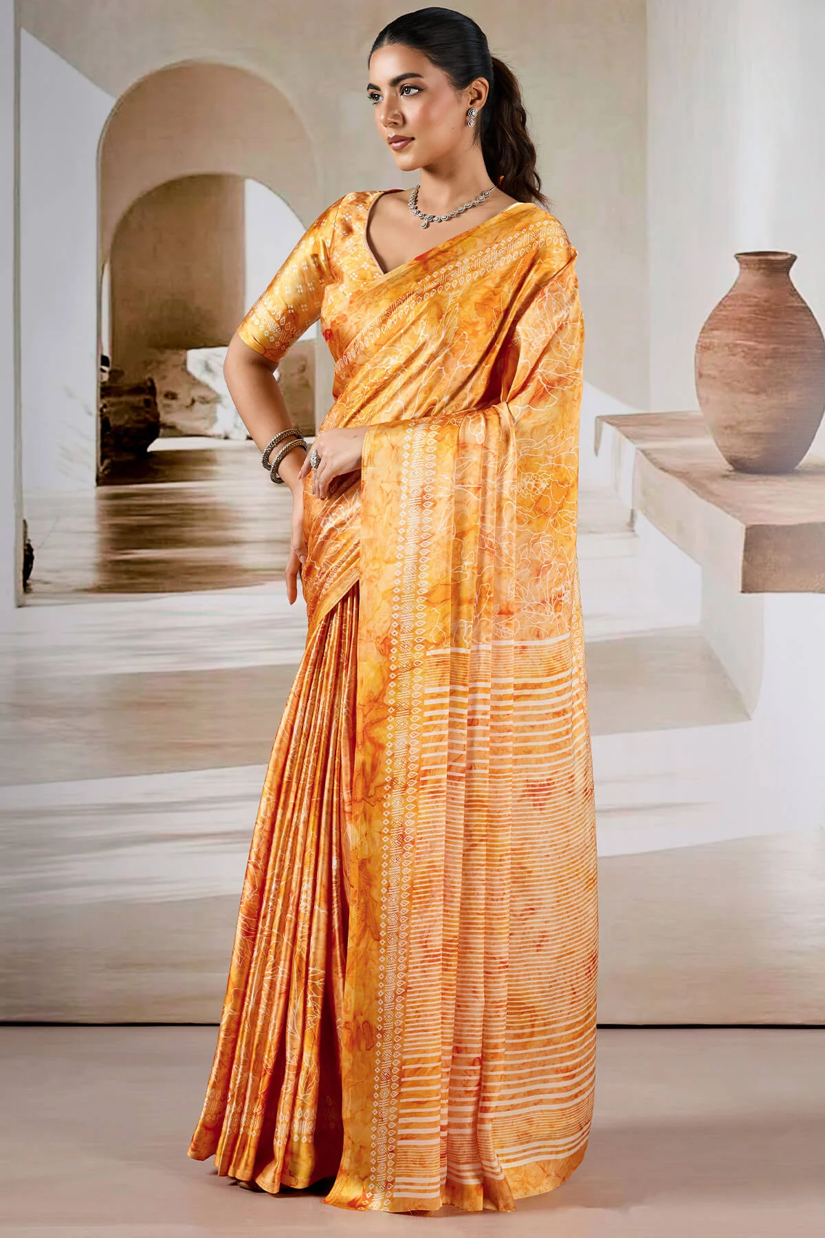 Attractive Yellow Digital Printed Satin Silk Saree With Divine Blouse Piece - Image 3