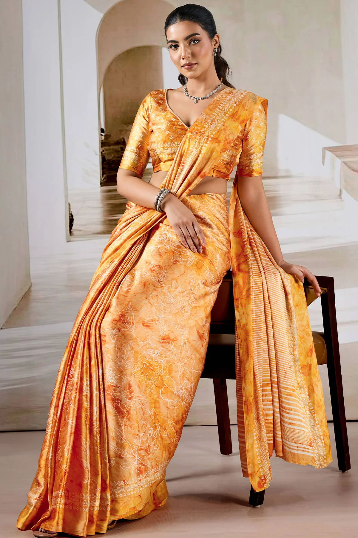 Attractive Yellow Digital Printed Satin Silk Saree With Divine Blouse Piece - Image 5