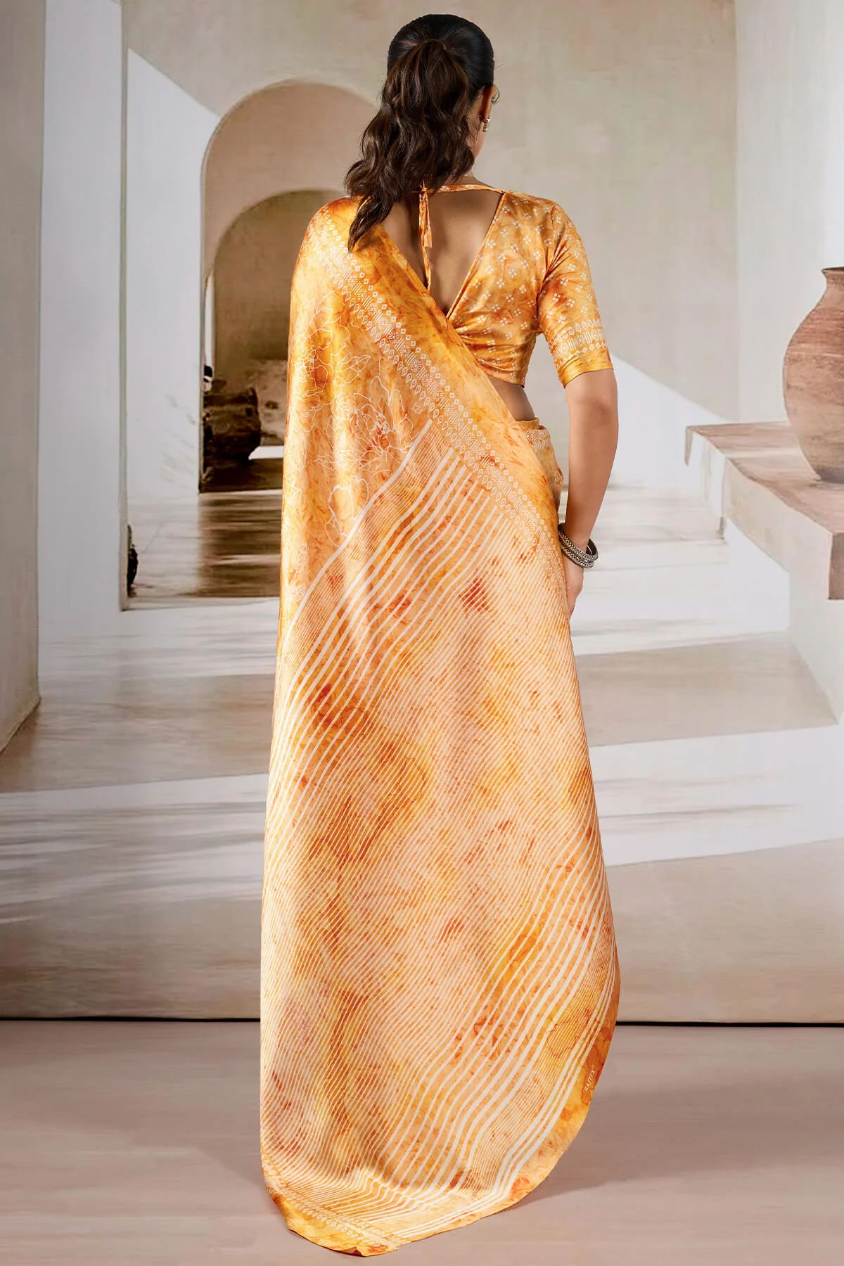 Attractive Yellow Digital Printed Satin Silk Saree With Divine Blouse Piece - Image 6